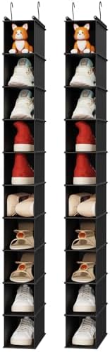 MAX Houser 2 Pack 10 Tier Foldable Hanging Shoe Organizer Black | Foldable Hanging Shoe Storage Shelf with 2 Metal Hooks, Space Saving Storage for Narrow Space by MAXHouser