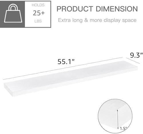 QEEIG Floating Shelves for Wall 55.1" Extra Long - Wall Mounted Shelf Bathroom Kitchen Living Room Bedroom Farmhouse Home Decor Display Bookshelf Large 55.1 x 9.3 inch Set of 2, White (008-140W) - Image 3