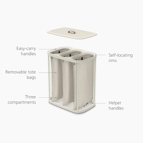 Joseph Joseph Tota Trio 90 liter/23.8 gallon Laundry Hamper Separation Basket with lid, 3 Removable Washing Bags with Handles- Ecru - Image 4