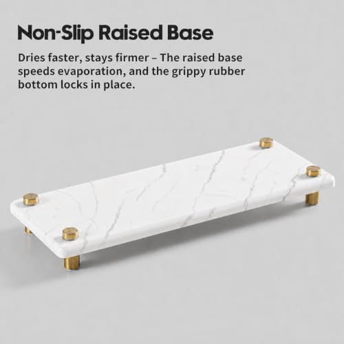 White Marble Pattern Style Water Absorbing Stone Sink Caddy, Bathroom & Kitchen Counter Organizer Tray, Faucet Drying Mat Soap Dish Rack Riser Dispenser Sponge Holder, Gold Metal Feet, 10" x 4" - Image 5