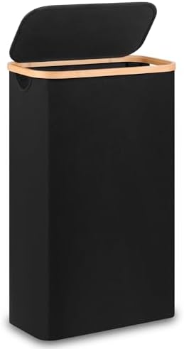 60L Slim Laundry Hamper,Laundry Basket with Lid,Tall Hamper for Laundry,Dirty Cloth Hamper with Bamboo Handle for Toys,Towels, Clothes Organizing,Black by Merkisa