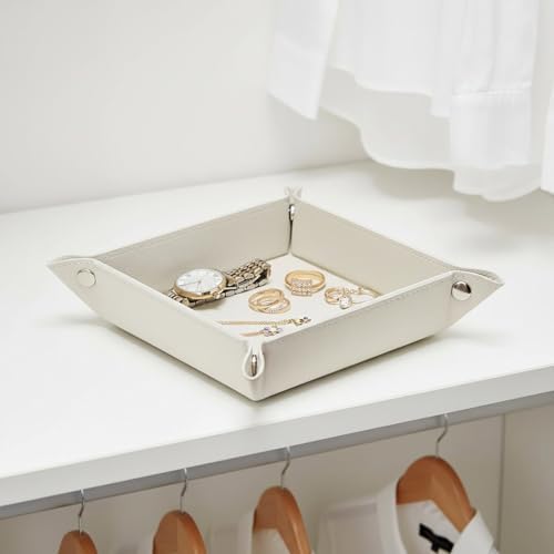UnionBasic Valet Tray, Jewelry Tray for Rings Watches Earrings, Entryway Catchall Caddy for Coins Keys Change, Nightstand Organizer Bedside Valet Holder, Trays for Electronic Gadgets, Lychee Beige - Image 4