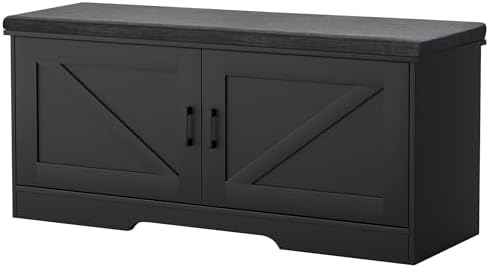 HOMSHO Farmhouse Shoe Storage Bench with 2 Barn Doors & Padded Seat Cushion by HOMSHO