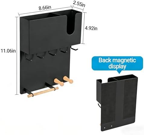 Magnetic Key Holder & Umbrella Holder for Wall, Multi-Functional Entryway Shelf for Tissues. Sturdy Hooks for Keys, Bags. Space Saving Organizer for Apartment, Dorm Room (Black) - Image 3