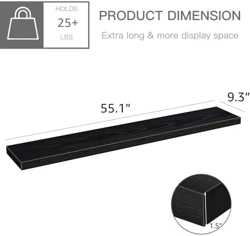 QEEIG Floating Shelves for Wall 55.1" Extra Long - Wall Mounted Shelf Bathroom Kitchen Living Room Bedroom Farmhouse Home Decor Display Bookshelf Large 55.1 x 9.3 inch Set of 2, Black (008-140B) - Image 3