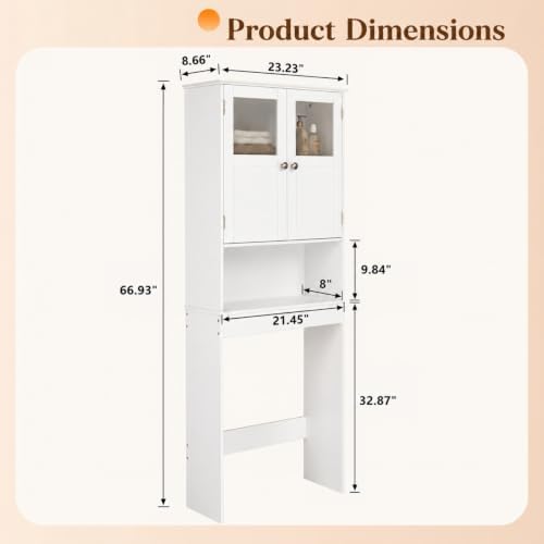 VINGLI Over The Toilet Storage Cabinet White Bathroom Storage Organizer Above the Toilet Shelf with Acrylic Glass Double Doors Wood Muebles para BañO Rack with Adjustable Shelf - Image 2