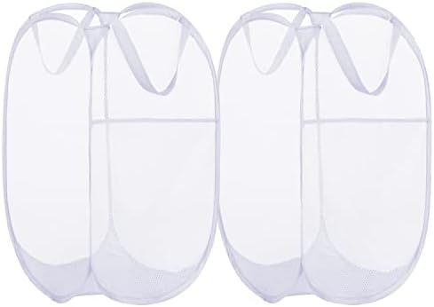 BATTOO Deluxe Strong Mesh Pop up Laundry Hamper Basket with Side Pocket for Laundry Room, Bathroom, Kids Room, College Dorm or Travel 2 Pack White by BATTOO