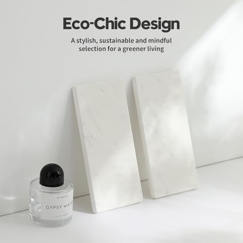 2PCS Diatomite Marble Stone Drying Mat for Kitchen Counter, Water Absorbing Soap Tray Stone Faucet Mat for Bathroom, Quick Dry Splash Guard Sink Protector, Vanity Dish Dispenser Sponge Holder, 8"x3.8" - Image 2
