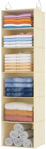 Lifewit Hanging Closet Organizer and Storage for Clothes 6 Tier | Portable, Foldable, Fabric, Top of Shelves with 2 Sturdy Hooks, Clothing Organization for Wardrobe, Dorm, Bedroom, Beige by Lifewit