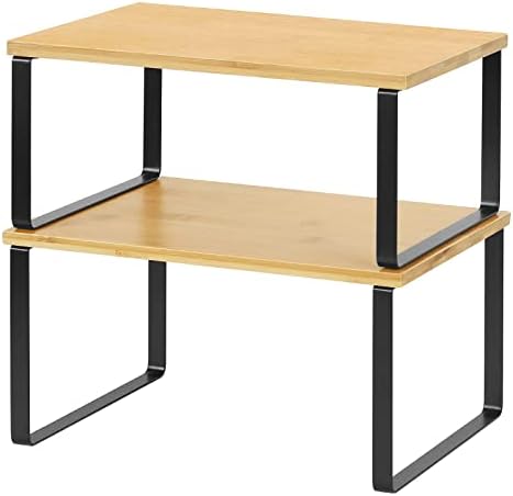 NEX Kitchen Cabinet and Counter Shelf Organizer, Stackable & Expandable, Black and Natural by NEX