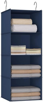 Hanging Closet Organizer 4-Shelf, Oxford Fabric Wardrobe Storage, Navy Blue | Easy-mount foldable design holds clothes, handbags, shoes & accessories; washable Oxford fabric, sturdy and space-saving. by DonYeco