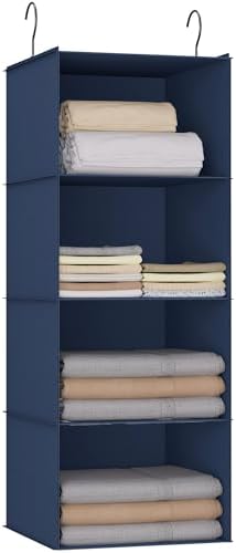Hanging Closet Organizer 4-Shelf, Oxford Fabric Wardrobe Storage, Navy Blue | Easy-mount foldable design holds clothes, handbags, shoes & accessories; washable Oxford fabric, sturdy and space-saving. by DonYeco