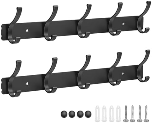 Wall Mount Coat Rack 2 Pack, Black Coat Hooks Hanger with 5 Double Hooks by Dntorx