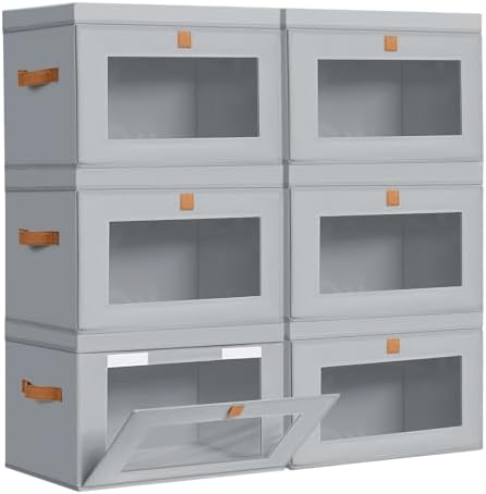 DIMJ Storage Bins with Lids - 6 Pack Large Fabric Closet Organizer with Window & Handles, Collapsible Decorative Storage Boxes for Shelves Under Bed, Books Clothes Blankets Sweaters Organization by DiMJ