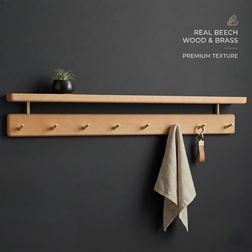 Walnut Wood Coat Rack with Shelf, Wall Mounted Entryway Organizer - Image 5