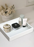 HofferRuffer Faux Leather Vanity Tray, Elegant Desktop Storage Organizer, Decorative Catchall for Perfume, Bathroom Valet, Nightstand or Dresser, 10.2 x 8.4 x 1.8 inches (White Stripe) - Image 4