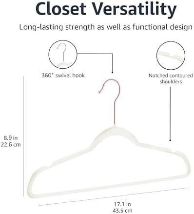 Amazon Basics Slim Velvet Non-Slip Space Saving Suit Clothes Hangers, Closet Organizer, Sturdy Construction, Ivory/Rose Gold, 50-Pack - Image 5