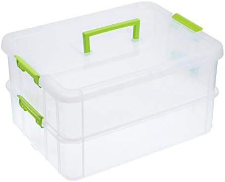 BTSKY 2 Layer Stack & Carry Box, Plastic Multipurpose Portable Storage Container Box Handled Organizer Storage Box for Organizing Stationery, Sewing, Art Craft, Jewelry and Beauty Supplies Green by BTSKY