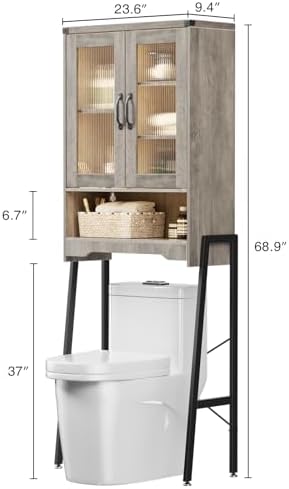 Over The Toilet Storage Cabinet with Tempered Glass Doors and Adjustable Shelf, Bathroom Organizer with Metal Stand Space Saver Over Toilet , Modern Toilet Rack for Bathroom, Restroom, Laundry, Grey - Image 2