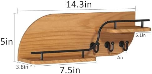 Modern Decorative Key and Mail Holder with 2 Floating Shelves, Wood Wall Mounted Key Organizer with 3 Metal Hooks for Home Entryway, Brown - Image 5