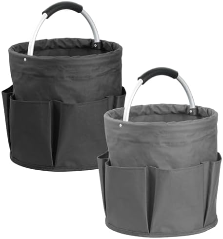 2Pack 17L Foldable Cleaning Supply Caddy with Handle, Portable Bucket Tool Organizer, Garden Tool Bag in 600D Oxford Fabric, Folding Storage Basket for Outdoor, Bathroom, Black + Dark Gray by IHOMAGIC