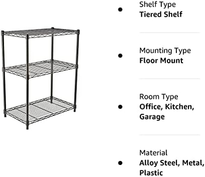 Amazon Basics 3-Shelf Adjustable Heavy Duty Steel Wire Rack Storage Shelving Organizer with Storage Space, Versatility and Ease of Use for Kitchen, Garage, 23.2" L x 13.4" W x 30" H, Black - Image 6