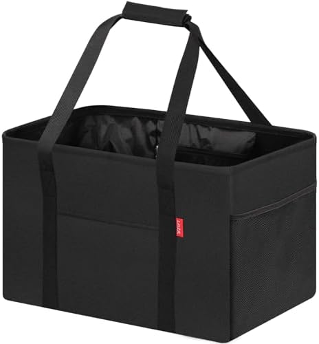 LHZK Standing Utility Tote Bag with Metal Wire Frame and the Sides Rinforced, Large Tote Bag with Handle, Reusable Grocery Bags Foldable, Beach Bag, Car Tote (Black, 18.5''x11.8''x11.5'') by LHZK