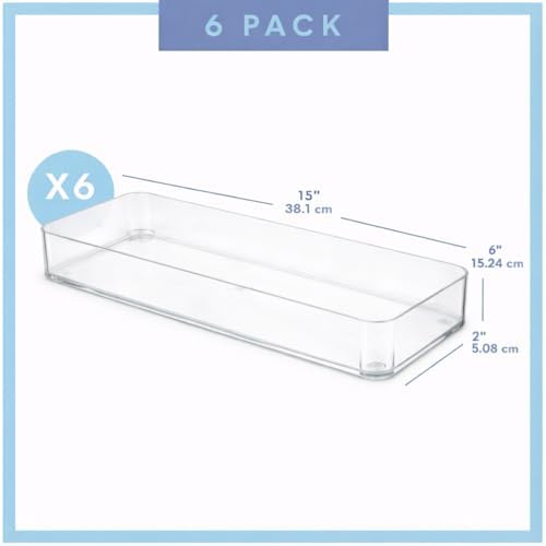 primebox Plastic Clear Acrylic Drawer Organizers. Bathroom, Kitchen, Bedroom, Utensils, Office Organizer Bins, Storage Trays. Heavy Duty, Stackable. 15" x 6" x 2" Set of 6 - Image 2