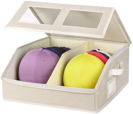 Hat Storage for Baseball Caps-Holds Up to 24 Caps, Hat Organizer for Closet Stackable Hat Box with Cardboard, Dustproof Baseball Cap Organizer with 2 Handles for Home Travel (Beige, 1 Pack) by RZMAYIS