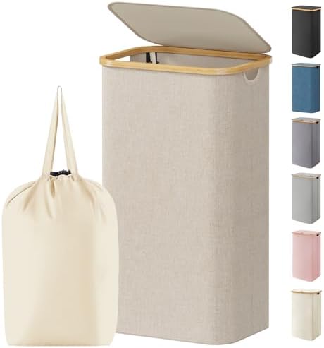 Lifewit 105L Laundry Basket with Lid, Clothes Hampers for Laundry with Bamboo Handles and 1 Removable Bag, Large Foldable Laundry Hamper for Bedroom, Bathroom, Dorm, Laundry Room, Beige by Lifewit