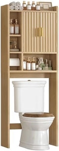 TEENFON Over The Toilet Storage Cabinet with 4 Open Shelves and Adjustable Shelf, Extra Tall Bathroom Organizer Unit with 2 Wood Doors, Home Space Saver for Bathroom, Laundry Room, Natural by TEENFON