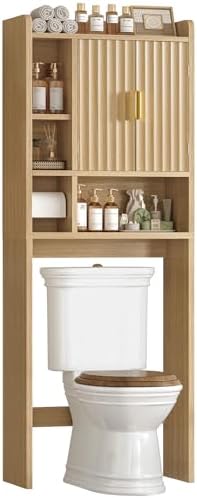 TEENFON Over The Toilet Storage Cabinet with 4 Open Shelves and Adjustable Shelf, Extra Tall Bathroom Organizer Unit with 2 Wood Doors, Home Space Saver for Bathroom, Laundry Room, Natural by TEENFON