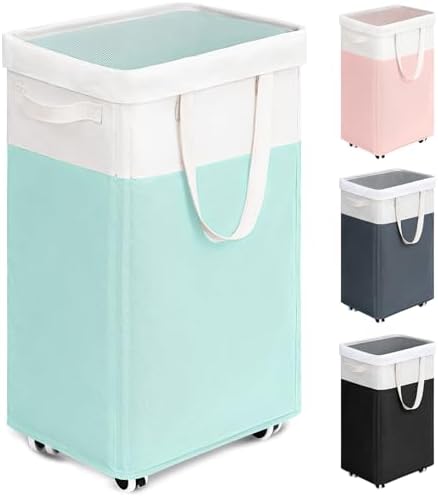 Goodpick Laundry Basket with Wheels, 75L Laundry Hamper with Wheels, Large Laundry Basket with Removable Wash Bag, Clothes Hamper for Laundry, Blue&White by Goodpick