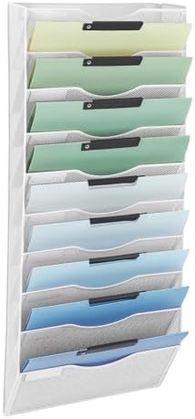 EASEPRES 10 Pocket Mesh Hanging Wall File Organizer, Wall Mounted Mail Paper Document Folder Holder, Clipboard Storage Organization Magazine Rack with Nametag Label for Office Home School, White by EASEPRES