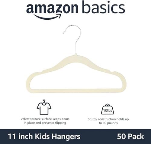 Amazon Basics Kids Space Saving Velvet Non-Slip Clothes Hangers with Shoulder Notches for Infant and Toddler, 11.6", Beige 50 Count (Pack of 4) - Image 2