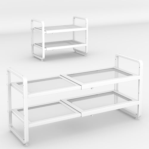 SAYZH 2-Tier Expandable Shoe Rack for Closet, Adjustable Metal Shoe Organizer with Sturdy Mesh Shelves for Boots & Heels, Stackable Shoe Storage for Entryway, Garage, Small Spaces (White, 2-Tier) by SAYZH