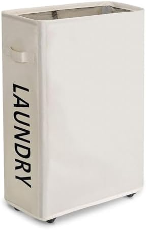 Slim Laundry Hamper with Wheels, 52L Skinny Hamper, 22" Beige by ZeroJetLag