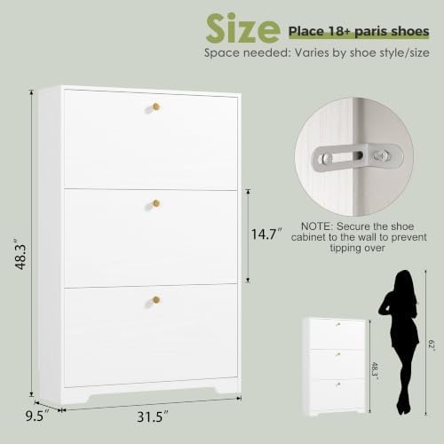 Nicetree Shoe Cabinet with 3 Flip Drawers, Modern Entryway Organizer, White - Image 2