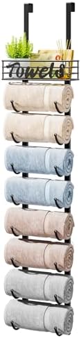 HapiRm Towel Racks for Bathroom Storage - 9 Tier Over The Door & Wall Mount Rolled Towel Storage Organizer Holder with Metal Shelf Basket for Small Bathroom, Camper, Rv - Black, Patented by HapiRm