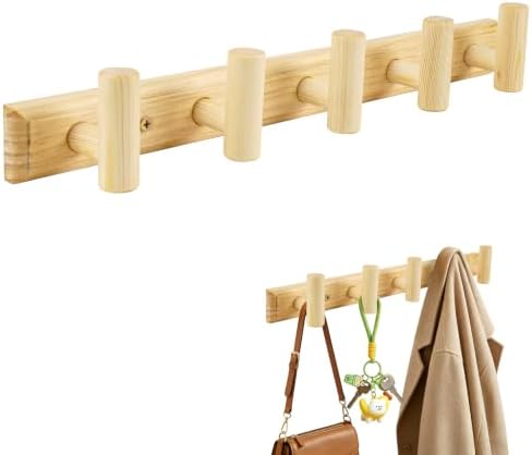 Coat Rack Wall Mount-5 Hooks, Wood Hook Rail for Towel Coat Hat Purse Bag Jacket, Towel Racks for Entryway Bathroom Kitchen Organizer Essential by GTian