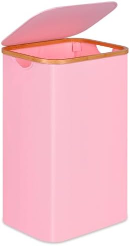 100L Laundry Hamper with Lid, Lagre Basket with Bamboo Handles,Foldable Clothes Hamper Tall Dirty Laundry Basket for Clothes Toys Towels Organizing,Pink by Merkisa