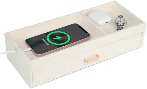 HofferRuffer Valet Jewelry Tray Organizer with Drawer, Faux Leather Storage Catchall Box Phone Charging Station Tray with Dresser Nightstand Desktop Drawer Organizer (White) - Image 2