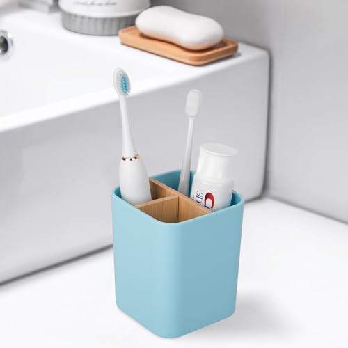 Bamboo Toothbrush Holder for Bathrooms Toothpaste Organizer - Blue - Image 2