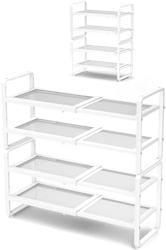 Expandable Metal Shoe Rack for Closet, Entryway & Garage, 4-Tier, White | Adjustable Height for Boots, Stackable Design, Dense Mesh Shelves for Heels, Fits Small Spaces, Apartments and Rentals by SNTD