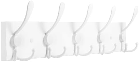 Kuhome Coat Rack Wall Mount Coat Hooks Wooden Hat Rack for Wall Hooks Pine Real Wood Plank 16.9" White Coat Hanger with 5 White Triple Hooks for Hanging Coat Hat Jacket by Kuhome
