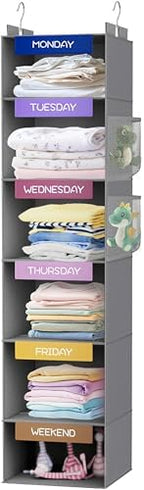 Weekly Hanging Closet Organizer for Kids, 6-Shelf Clothes Storage with Labeled Days of The Week Monday Through Friday, Weekday and Weekend, Days of The Week Clothes Organizer by VERONLY