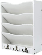 PAG-Mass 5-Tier Wall File Holder Hanging Mail Organizer Wood Magazine Literature Rack with 6 Hooks, White by PAG