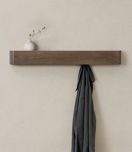 Kazai. Wall-Mounted Coat Rack 'Toke' - Modern Design Coat Rack with Hidden Wall Hooks - Solid Wood Veneer Panel Coat Hanger - Oak, Dark by KAZAI