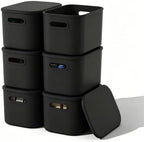 ORGIDOL 6 Pack Black Storage Bins with Lids Stackable Storage Container for Organizing, Black Storage Boxes with Handle for Shelves, Cute Organizer Bins for Craft, Snacks, 9.85x6.9x5.7 inch by ORGIDOL