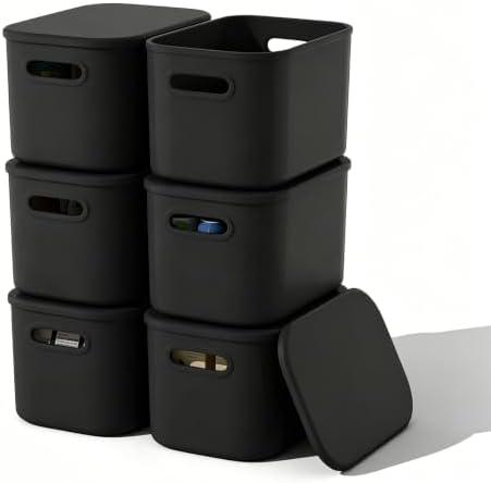 ORGIDOL 6 Pack Black Storage Bins with Lids Stackable Storage Container for Organizing, Black Storage Boxes with Handle for Shelves, Cute Organizer Bins for Craft, Snacks, 9.85x6.9x5.7 inch by ORGIDOL